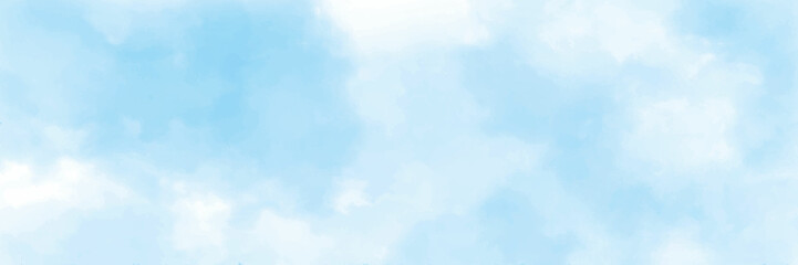 Blue sky in the soft white clouds. Natural cloudscape background, texture. Long Wide Panorama Wallpaper With Copy Space