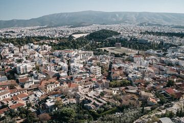 Fototapeta na wymiar Athens, Greece - November 26th, 2017 : panoramic view on the modern city of Athens from Acropolis Hill.