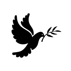 Black pigeon silhouette, dove of peace with olive branch. Russian Ukrainian military conflict symbol sign. Pray for Ukraine. Vector hand drawn illustration for world peace.