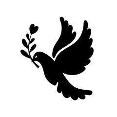 Black pigeon silhouette, dove of peace with olive branch. Russian Ukrainian military conflict symbol sign. Pray for Ukraine. Vector hand drawn illustration for world peace.