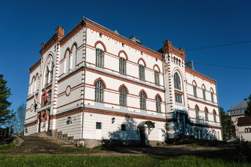 View of former lyceum (school, 1901) building - monument of architecture and history on sunny day. Sortavala, Karelia, Russia.