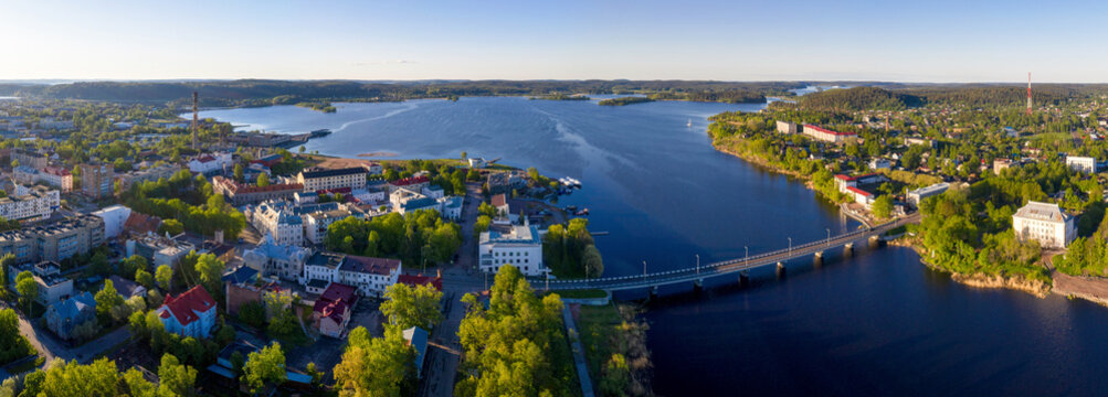 Panoramicv drone view of Sortavala on sunny summer morning. Karelia, Russia.