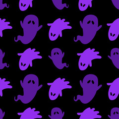Autumn wallpaper or party background with ghosts - for fabric, for textiles, for wrapping paper. Halloween seamless pattern with scary funny ghosts. Festive scary pattern, colorful Halloween print