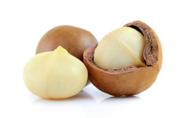 Macadamia nuts on white background.
