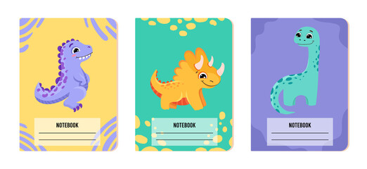 Set of cover page templates with cute dinosaurs and pastel colours. Vector cartoon illustration for school exercise books, notebooks, kids diaries.
