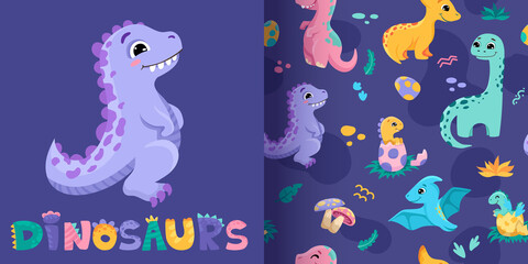 Seamless pattern with cute dinosaurs for fabric textile design. Hand drawn illustration for wallpaper print texture. Vector cartoon illustration