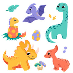 Naklejka premium Cute dino collection with baby dinosaurs isolated on white background. Vector cartoon illustration for children design, kids print, baby shower decor.