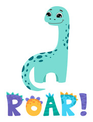 Cute dinosaur with roar lettering for birthday greeting card, baby shower invitation, nursery posters. Vector cartoon illustration in scandinavian style.