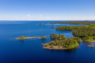 Drone view of Valaam island and Ladoga lake on sunny summer day. Karelia, Russia.