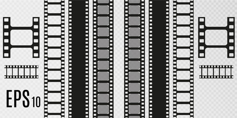 	
Set of film vector stripes isolated on transparent background.Film strip roll. Vector cinema background.