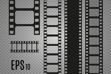 	
Set of film vector stripes isolated on transparent background.Film strip roll. Vector cinema background.