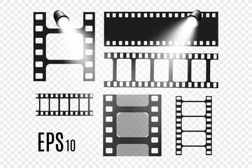 Obraz premium Set of film vector stripes isolated on transparent background.Film strip roll. Vector cinema background.