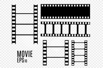 	
Set of film vector stripes isolated on transparent background.Film strip roll. Vector cinema background.