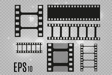 	
Set of film vector stripes isolated on transparent background.Film strip roll. Vector cinema background.