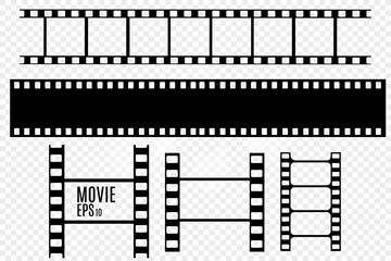 	
Set of film vector stripes isolated on transparent background.Film strip roll. Vector cinema background.