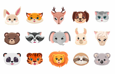 Big Set of cute animal face heads. Collection of baby characters in cartoon style. Vector illustration for nursery décor, children posters, birthday greeting cards, baby shower, textile printing
