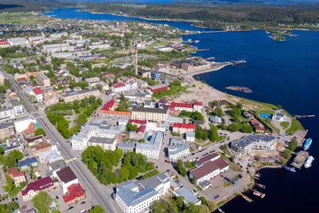 Aerial view of central part of Sortavala town on sunny summer day. Karelia, Russia.