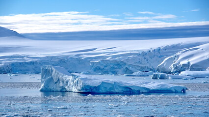 Icebergs floating in front of a glacier, at the base of a snow covered mountain, at Cierva Cove, Antarctica