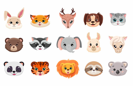 Big Set of cute animal face heads. Collection of baby characters in cartoon style. Vector illustration for nursery décor, children posters, birthday greeting cards, baby shower, textile printing
