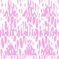 Vector seamless background with pink chaotic lines. Spots of pink paint. Background with geometric objects. Pattern with triangles. Pink brush strokes over white background.