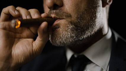 Powerful government member smoking cigar, self-importance, face close-up