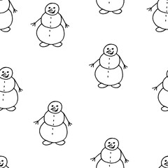 Snowman drawn with black marker on white paper. Christmas background with a snowman. New Year concept. Wrapping paper for gifts for the new year. Christmas seamless pattern.