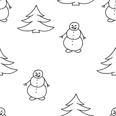 Snowman and christmas tree drawn with black marker on white paper. Christmas background with a snowman. New Year concept. Wrapping paper for gifts for the new year. Christmas seamless pattern.