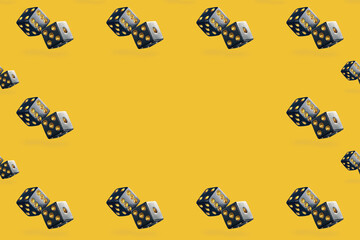 Seamless pattern of dice on a yellow background. The concept of game and good luck.