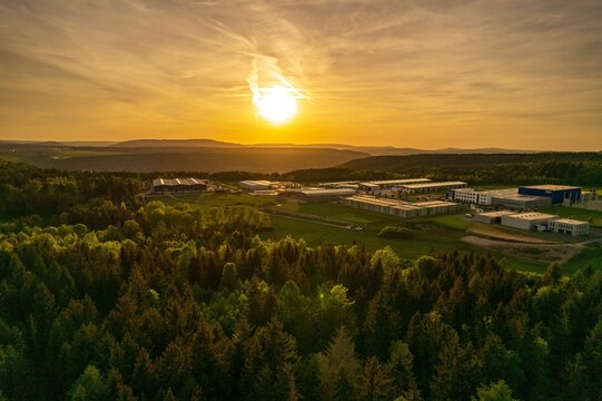 Aerial view of the Thuringian Forest at sunset in Meiningen, Germany