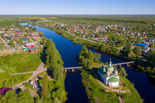 Aerial view of Smolensky cathedral and Olonka river on sunny summer day. Olonets town, Karelia, Russia.