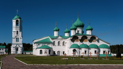 View of Preobrazhensky cathedral of Alexander-Svirsky Monastery on sunny summer day. Leningrad Oblast, Russia.