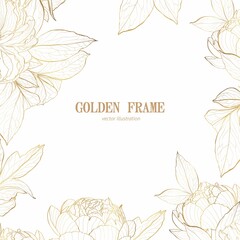 Golden peony flowers. Background Illustration. Line flowers frame.  Exotic hawaiian jungle, summer time border frame. 