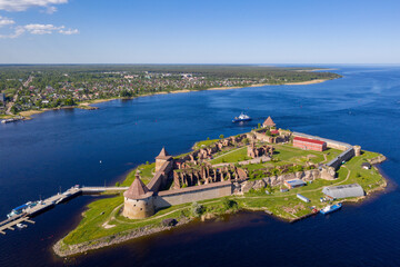 Aerial view of Shlisselburg (Oreshek) Fortress on sunny summer day. Ladoga lake, Leningrad Oblast, Russia. - obrazy, fototapety, plakaty