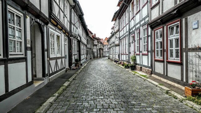 Exterior design of Half-timbered buildings in stony street in the old town of Northeim, Germany