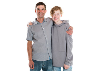 stepfather and teen son standing isolated on white background