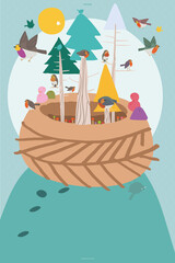 Fototapeta premium MYOW make your own world - cute animals proud robins have fun in their nest in a magic abstract vector illustration