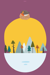 Obraz premium MYOW make your own world - cute animals proud robin sleeps above the sun in a magic abstract vector illustration