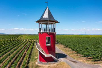 Bird's-eye view of the Burgundy Tower near Wörrstadt/Germany in Rheinhessen surrounded by vineyards