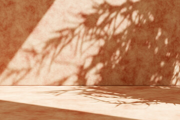 Concrete wall background with plant shadow. Summer tropical architecture scene. Product placement...
