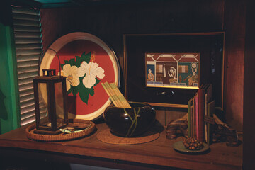 Vintage Lamp and Retro Trinkets on an old an Antique Dresser