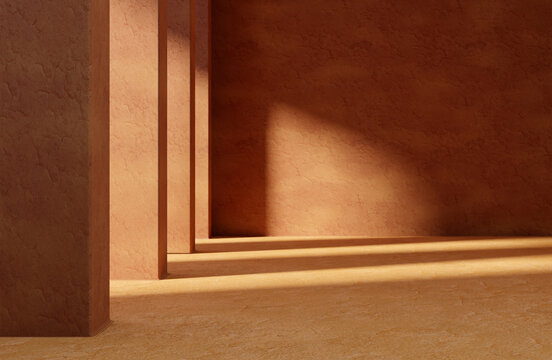 Abstract architecture background hall with stone columns and window light. Concrete texture facade building scene.