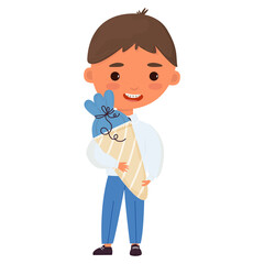 boy with school cones. cheerful student holds traditional bag with sweets. Beginning of school year, back to school concept. Editable vector illustration, isolated cartoon character