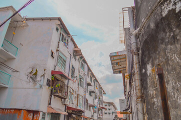 Old colonial vintage buildings in the famous historic town of Penang or Georgetown in Malaysia