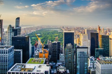 Aerial shot of the New York cityscape in the background of central park.