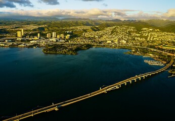 Aerial view of Aiea neighborhood in Ohau, Honolulu, Hawaii, United States