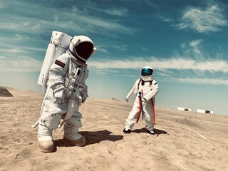 Astronauts in white spacesuit costumes walking on the sandy surface under the blue clear sky © Sailing/Wirestock Creators