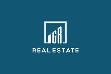 Letter GR square line with building logo design, creative monogram logo style for real estate company - obrazy, fototapety, plakaty