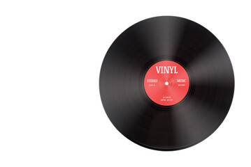 Closeup view of gramophone vinyl LP record or phonograph record with red label. Black musical long play album disc size 12 inch 33 rpm spiral groove. Stereo sound record. Isolated on white background. - obrazy, fototapety, plakaty