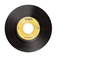 Closeup view of real gramophone vinyl record or phonograph music record with yellow label. Black musical single play disc 7 inch 45 rpm spiral groove. Stereo sound record. Isolated on white background - obrazy, fototapety, plakaty