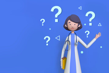 Doctor with stethoscopes and question marks. Healthcare and medical concept,  Medical insurance. Trendy 3d illustration.